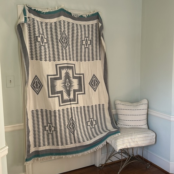 La Jolla SxSW Blanket Anthropologie Organic Cotton Natural Gray Turquoise 2 Side - Picture 2 of 10